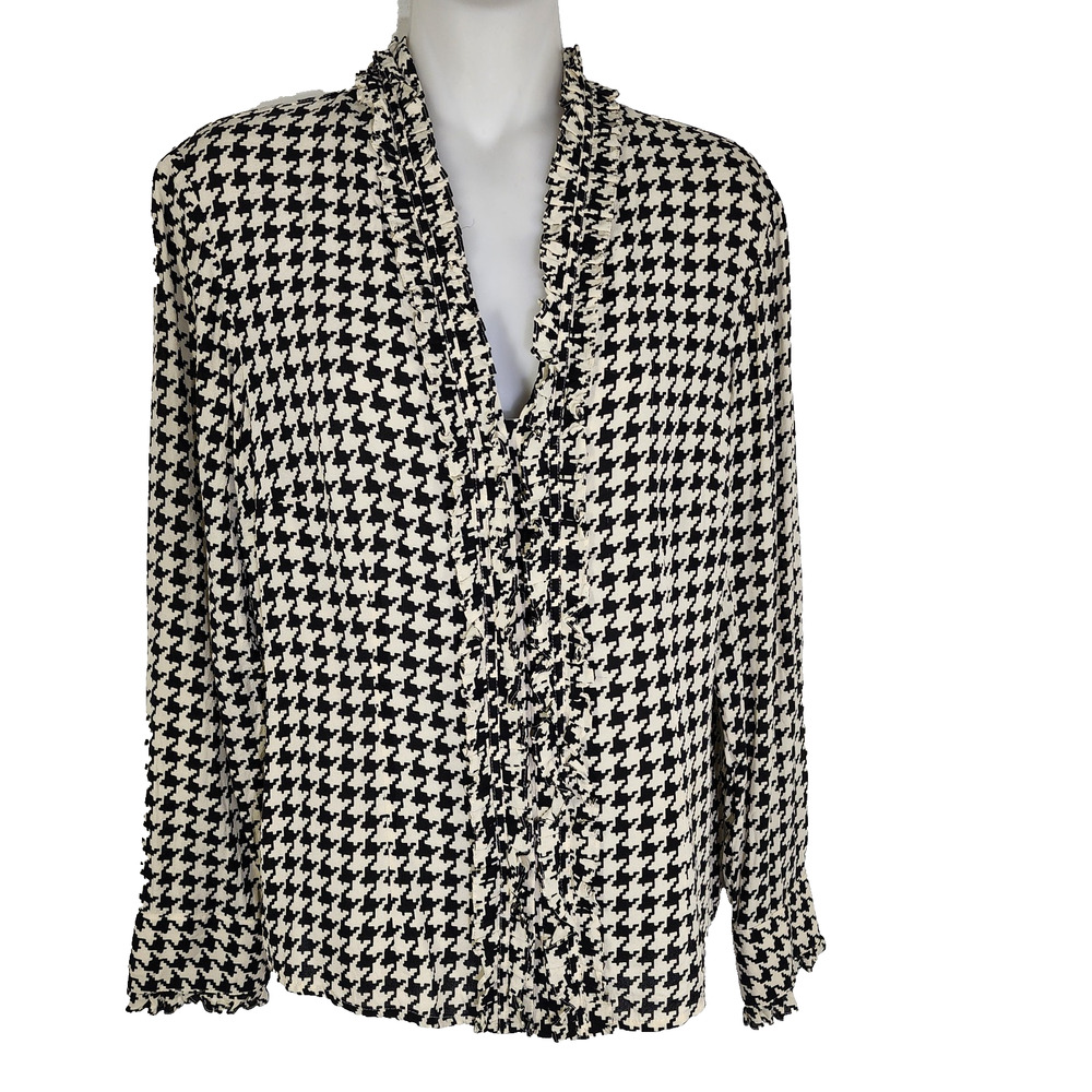 Talbots Women Pure 100% Silk Shirt Black Ivory Herringbone Button Ruffled Size 8